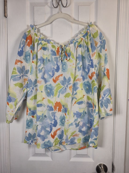 Hester & Orchard Tops - ​Hester & Orchard Floral Linen Blend Peasant Blouse XL Blue Orange Cottagecore